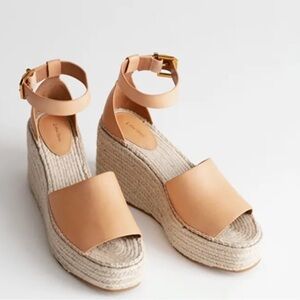 & Other Stories Beige Tan Leather Open Toe Platform Wedge Espadrille Sandals
